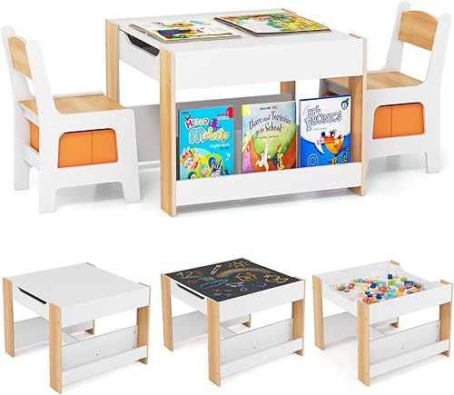 Miniatura 12 de Costzon Juego de mesa y silla para niños, mesa de actividades de madera 3 en 1 para niños pequeños artes, manualidades, dibujo, lectura, sala de
