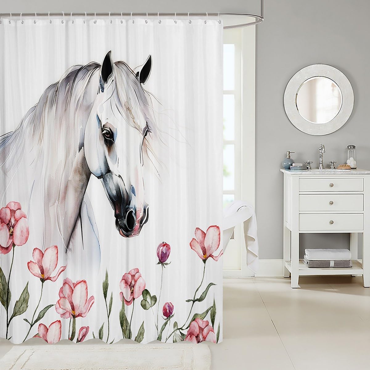 Horse Kids Shower Curtains,Magnolias Flowers Romantic Bathroom Curtains,Girls Boys Adults Bedroom Decor,Animals Rustic Farmhouse White Dreamy Waterproof Curtains,12 Hooks Suits,72" W x 72" L image 2