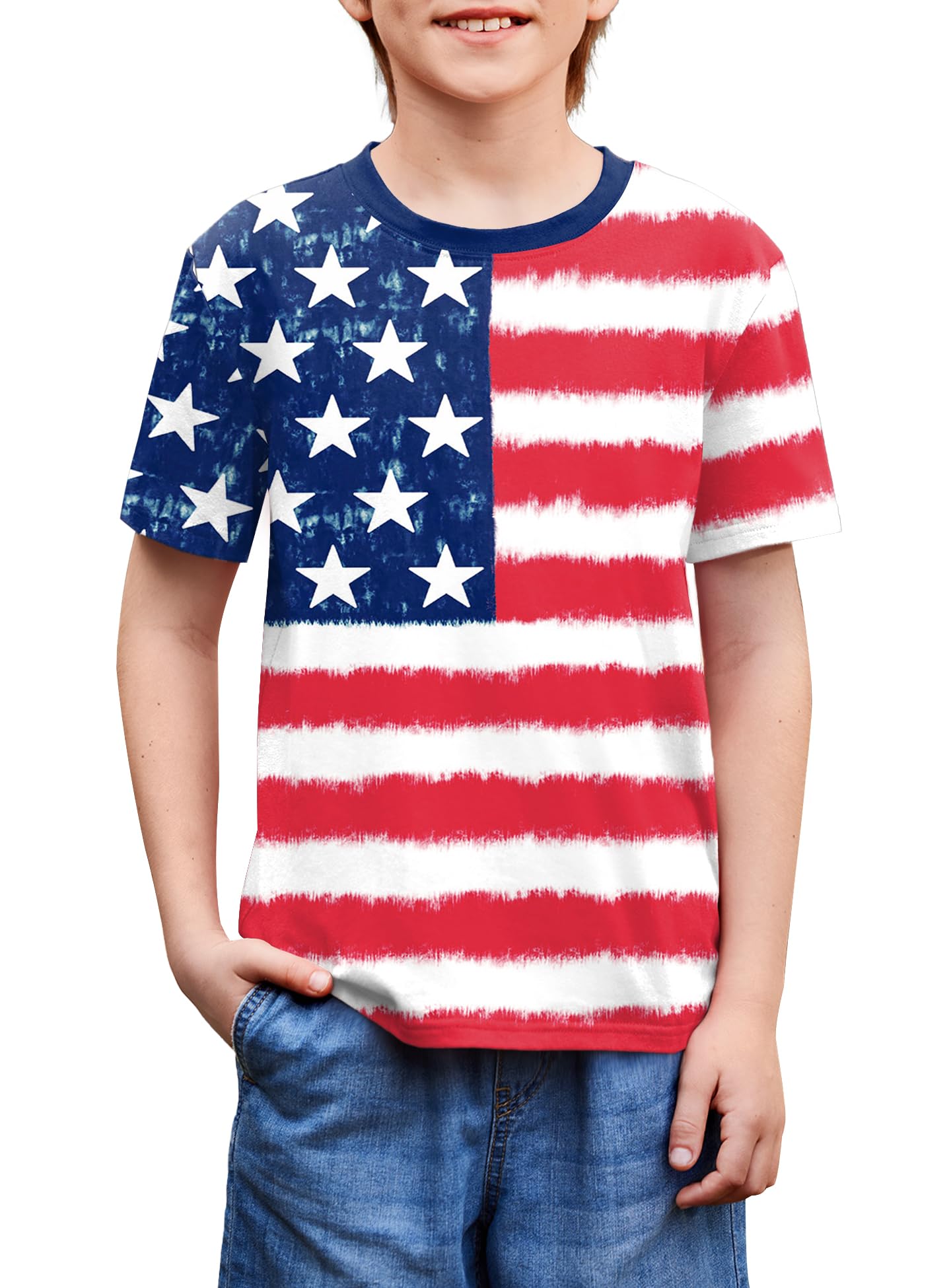 BesserBay Unisex Kids 4th of July American Flag Tee Tie Dye Patriotic Short Sleeve Shirt 6-14 Years