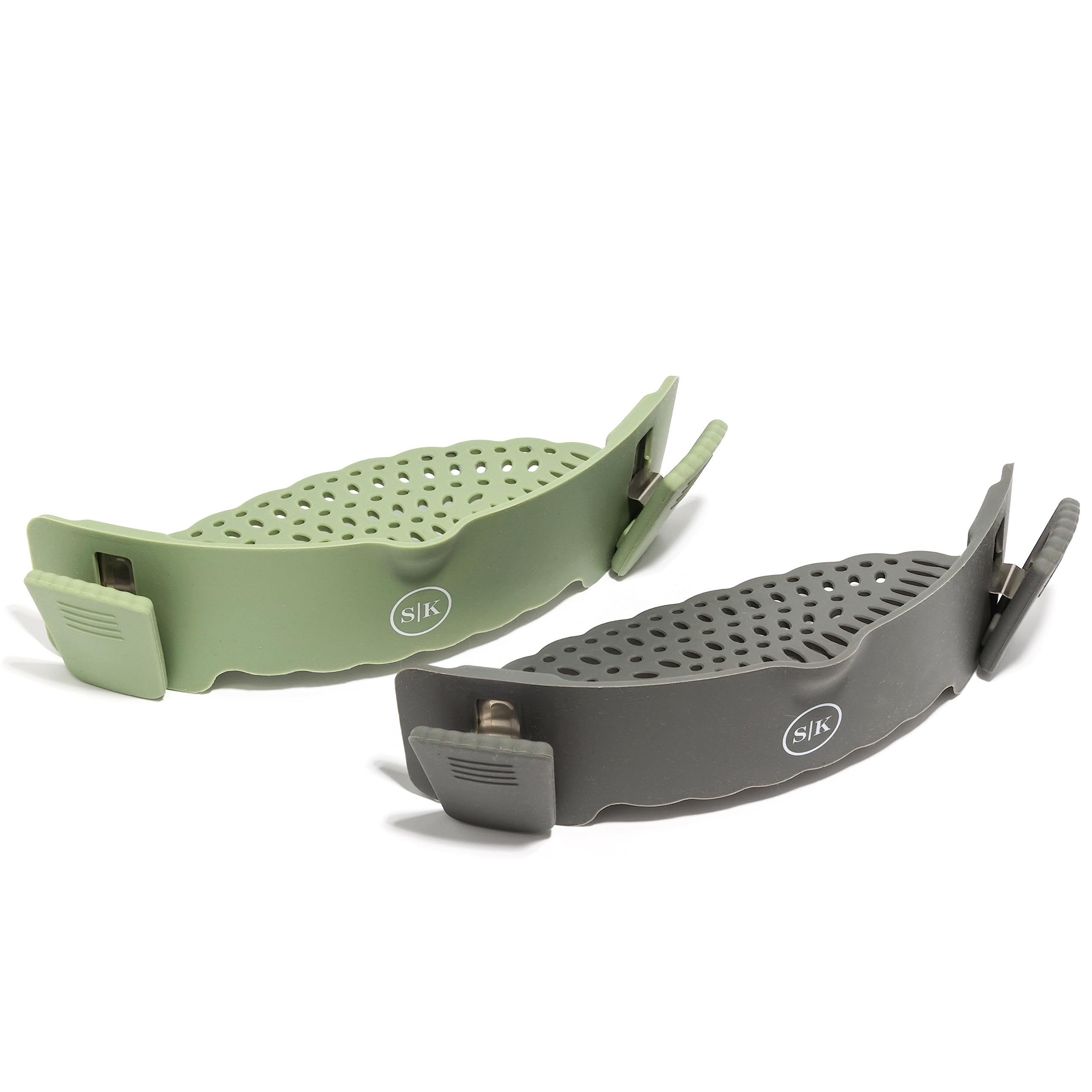 The Silione - Colador de silicona con clip para cocina, se adapta a la mayoría de ollas, sartenes, cuencos, ideal para pasta, verduras, frutas, no tóxico, sin BPA (paquete de 2, verde, gris)