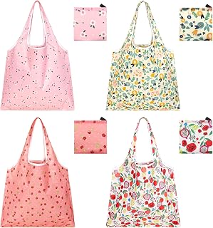 Four flower-print foldable reusable grocery bags