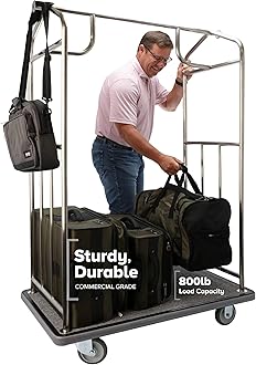 Value Valet Hotel Luggage Cart – for Commercial Use, Condos, Resorts – Brushed Stainless Steel Bellman Trolley Cart w/ 5” Rubber Wheels & Gray Carpet, 800 lb Load Capacity