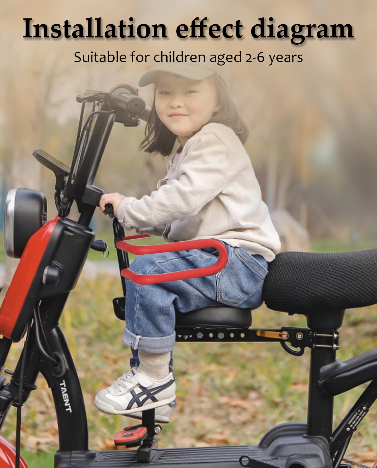 Asiento infantil para scooter eléctrico con asiento, asiento para niños adecuado para bicicleta eléctrica, scooter de movilidad para niños con respaldo, reposabrazos valla guadrail, ciclomotor, 8