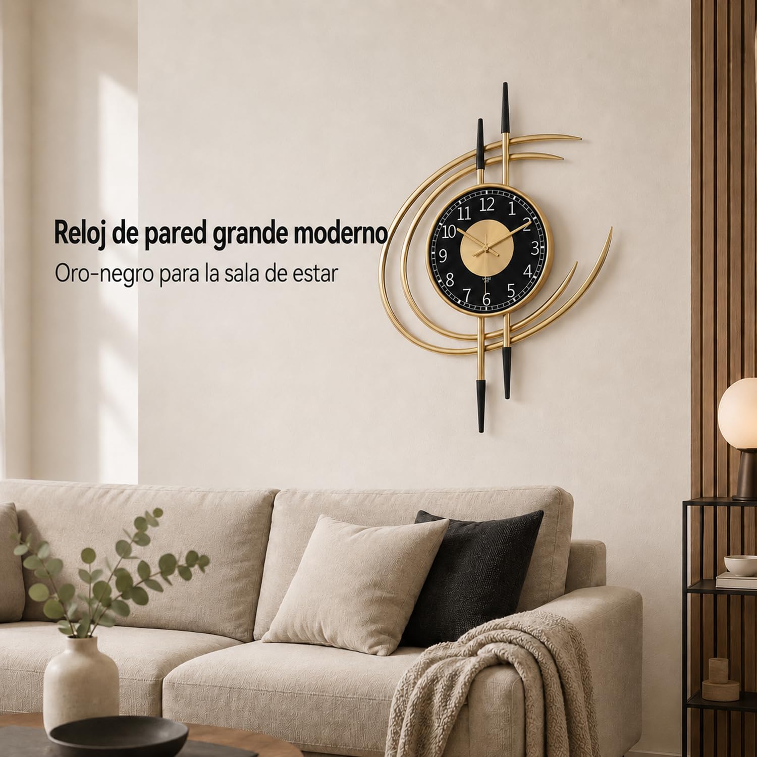 LANMOU Reloj de Pared Grande para Salón, Silencioso Metal Dorado 54 cm | Decoración Hogar con Esfera Negra, Lectura Clara y Uso Interior para Comedor, Oficina o Recibidor Moderno