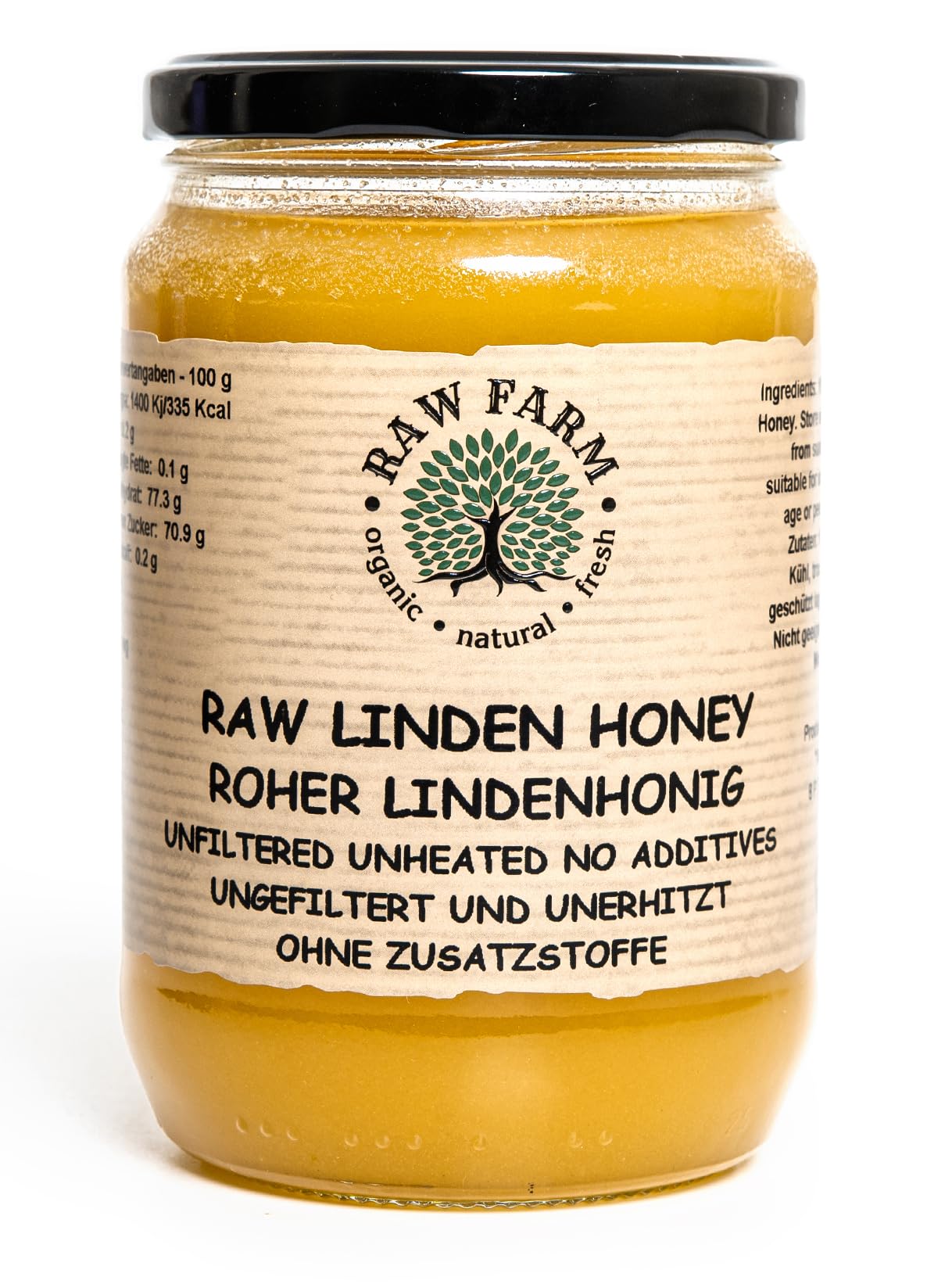 900 g Pure Raw Linden Honey - Unfiltered, Unheated, Unprocessed, Cold-Extracted – Rich in Enzymes & Pollen, Straight from RAW FARM Bee hives (900 g, Linden)