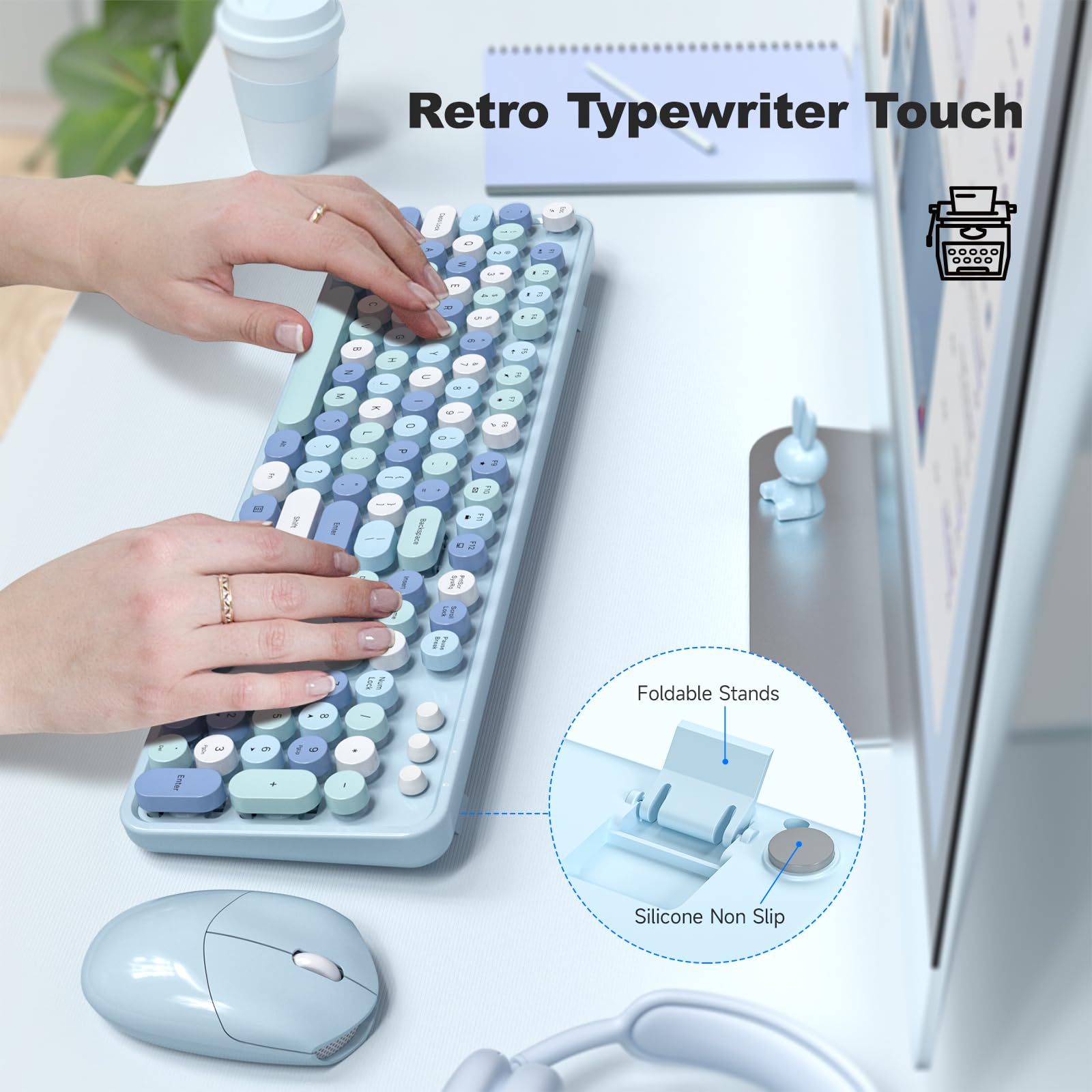 Bezprzewodowa klawiatura i mysz, pełnowymiarowa klawiatura do pisania 2,4 GHz, retro, z klawiaturą numeryczną i bezprzewodową myszką do komputera, laptopa, komputera stacjonarnego, Windows