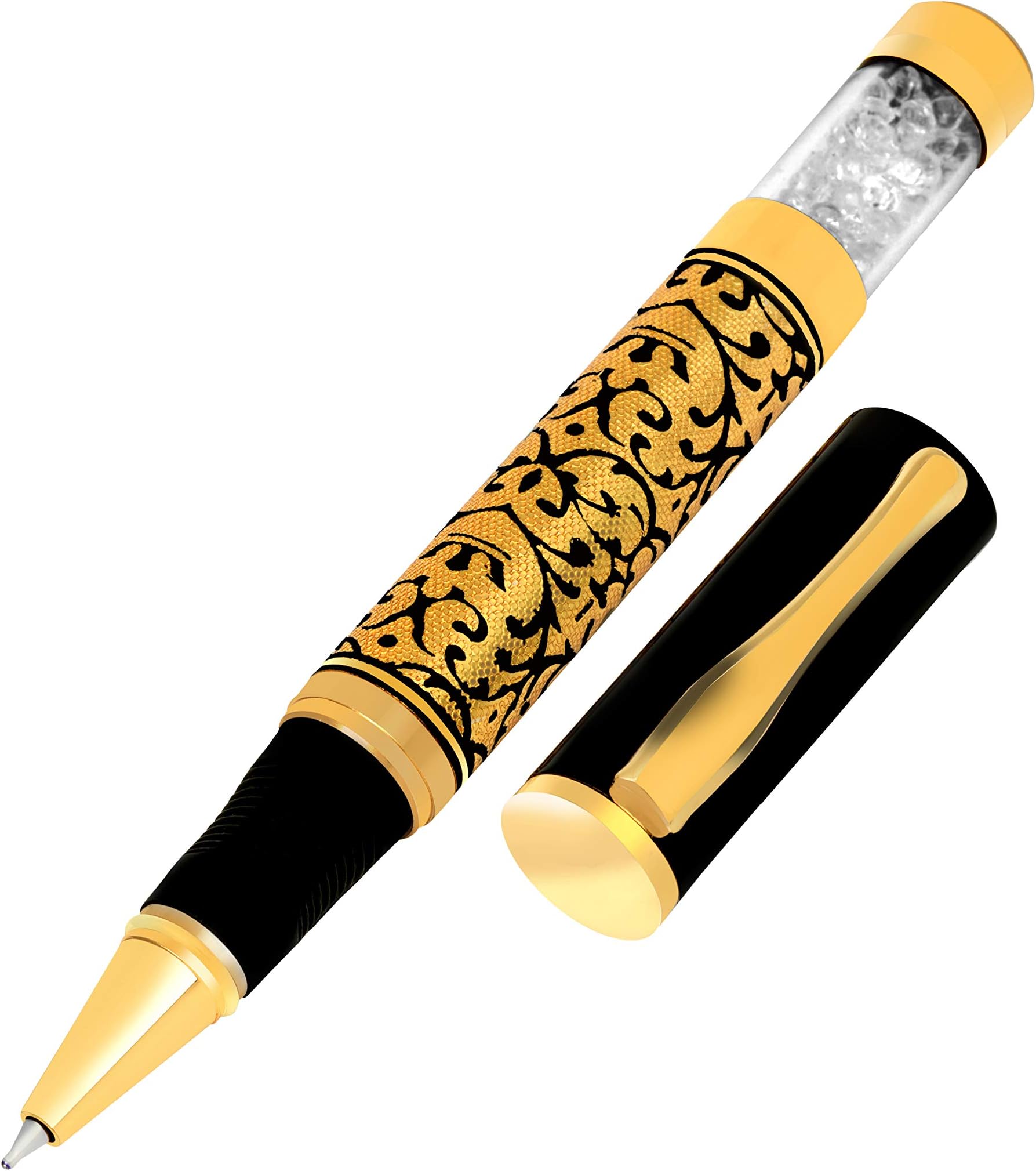 SCRIZ ® Inscribe Collection Gold - Black Engraved Body With Crystals Roller Ball Pen (SZ-0004)