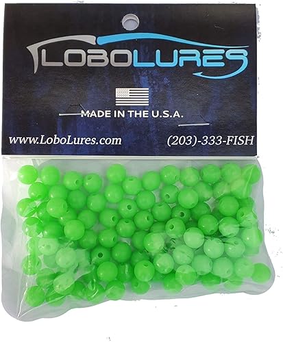 Miniatura 7 de Lobo Lures Paquete de 100 cuentas de 0.315 in LUMO GLOW in the Dark Round Lure Aparejo de hasta 400 libras de señuelos de arrastre y plataformas de
