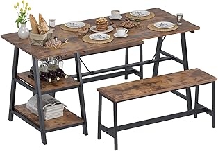 SDHYL Dining Table Set for 3,55 Inches Dining Table with Shelf,Breakfast Table with 2 Benches,Wood Space Saving Kitchen Table Set with Wine Rack and Glass Holder, Rustic Brown