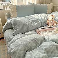 Vista 5 de VM VOUGEMARKET Funda de edredón de encaje tamaño individual, funda de edredón a cuadros azules con 2 fundas de almohada románticas de encaje, suave