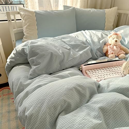 Miniatura 5 de VM VOUGEMARKET Funda de edredón de encaje tamaño individual, funda de edredón a cuadros azules con 2 fundas de almohada románticas de encaje, suave