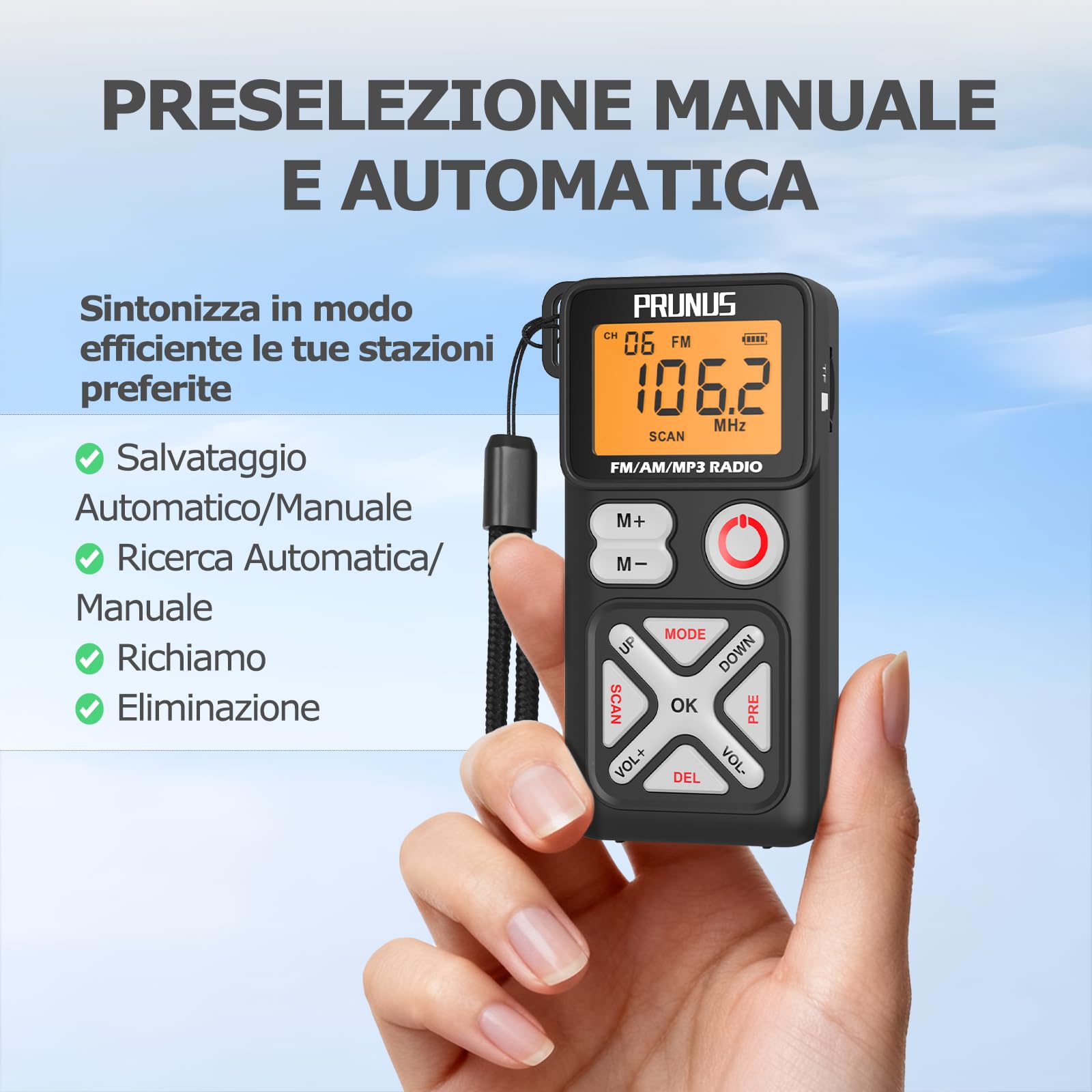 PRUNUS J-988 Mini Radio Portatile AM/FM, Radiolina Ricaricabile con Display LCD, Cuffie e Clip, Radio Tascabile con Supporto TF per Pesca, Corsa e Camminate.