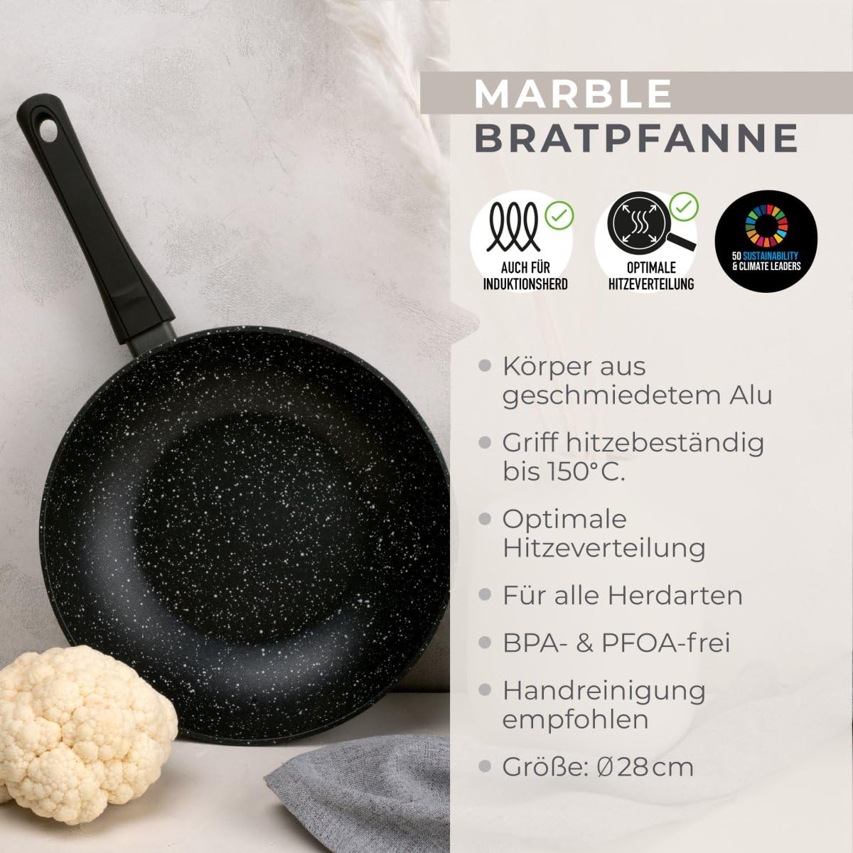 Fackelmann Wokpfanne Marble 28 cm, Antihaft-Wok aus 90% recyceltem Aluminium mit ergonomischem Kunststoff-Griff, großer Wok mit hohem Rand zum Kochen, für Induktion geeignet