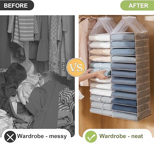 Miniatura 3 de Aeeteek Wardrobe Clothes Organizer 1 Pack Hanging Closet Clothing Storage Dividers PVC Cabinet Pants Shelf Foldable Drawers with Hanger Hook for