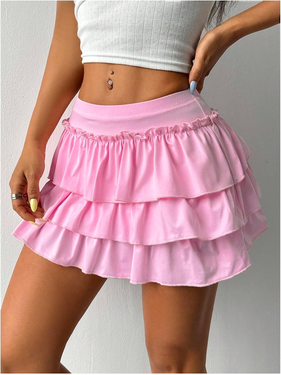 BEAUDRM Women's Bow Back Mini Skirt Elastic Low Waist Layered Ruffle Hem Short Cake Skirts