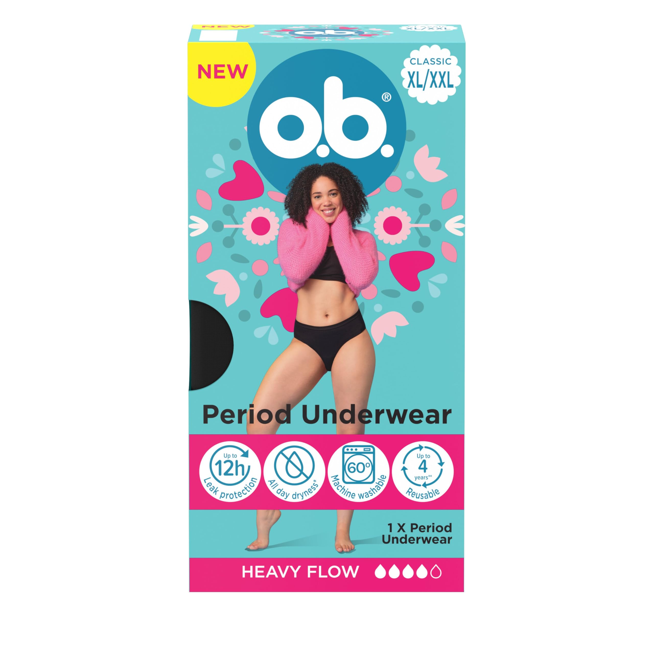 o.b. Period Underwear, XL/XXL Size, Reusable Women's Pants for Heavy Flow with Breathable Waterproof Layer for Up to 12 Hour Leak Protection, Period Pants Also Available in Sizes XS/S, M/L