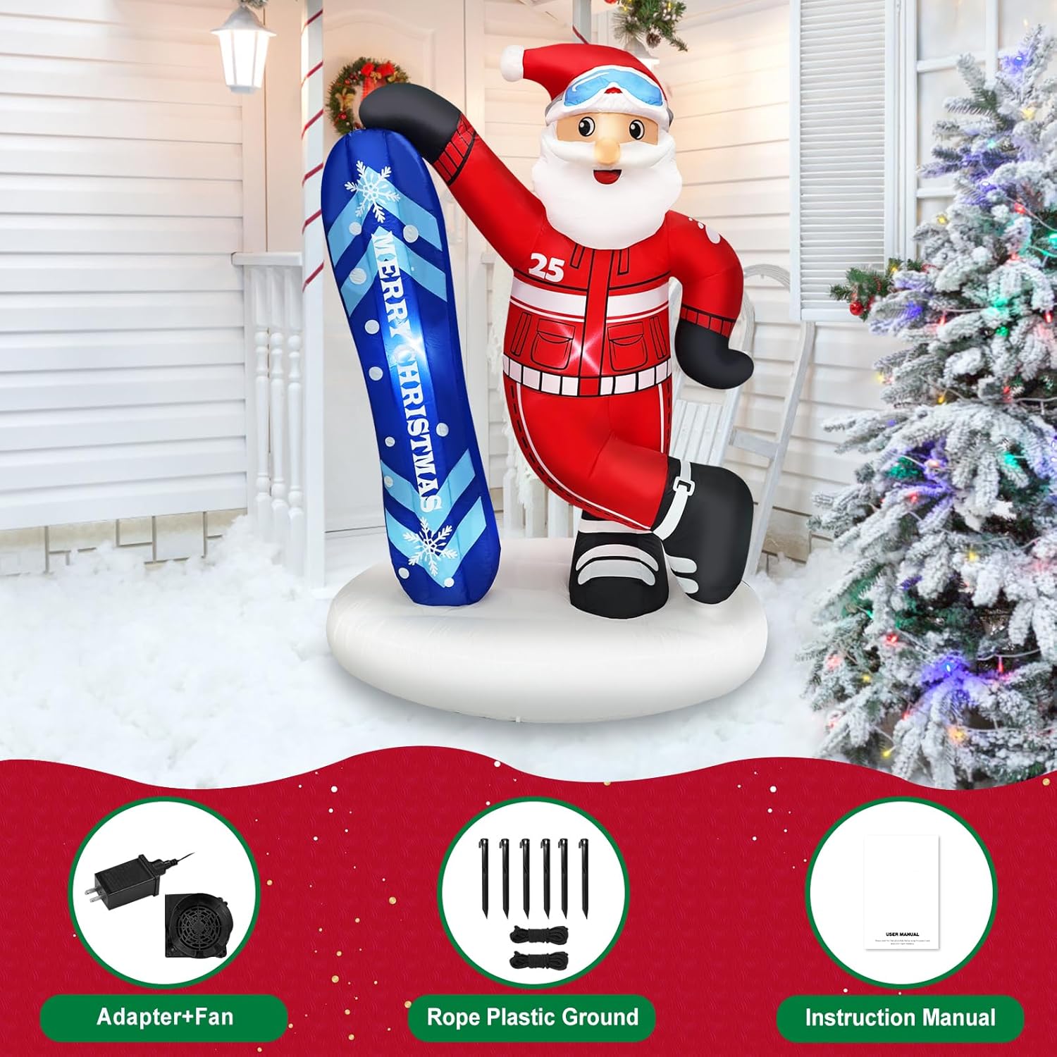 7FT Christmas Inflatable Outdoor Decoration Blow Up Santa Claus Takes Snowboard with Merry Christmas Inflate Xmas Decor Lawn Winter Sports Fans LEDs for Holiday Party Garden Yard Patio Décor - Image 3