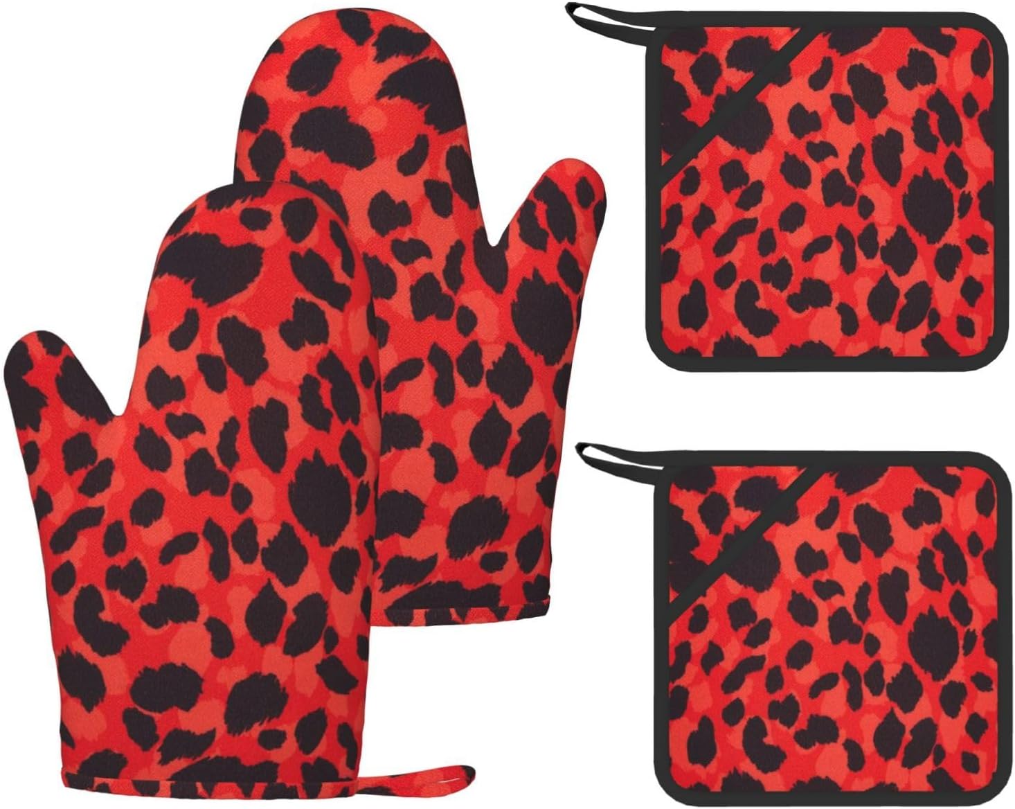 Red Leopard Pattern Oven Mitts and Pot Holders Set of 4 Heat Resistant Kitchen Gloves with Silicone Palm Hot Pads for Baking Cooking Grilling BBQ