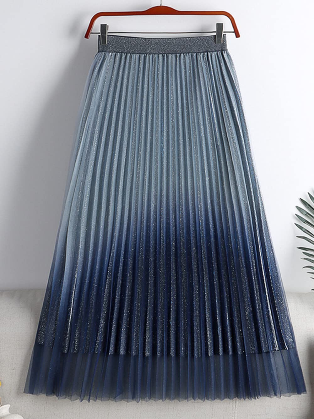 Faldas De Invierno para Mujer, Faldas Plisadas De Malla Degradada Azul Elegante para Mujer Cintura Elástica Falda Midi De Talle Alto De Una Línea Falda Fruncida