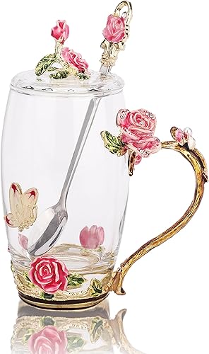 Miniatura 3 de Taza de té de cristal esmaltada con diseño de rosa y mariposa, tazas de café de cristal, para mujeres, Navidad, cumpleaños, San Valentín, día de la