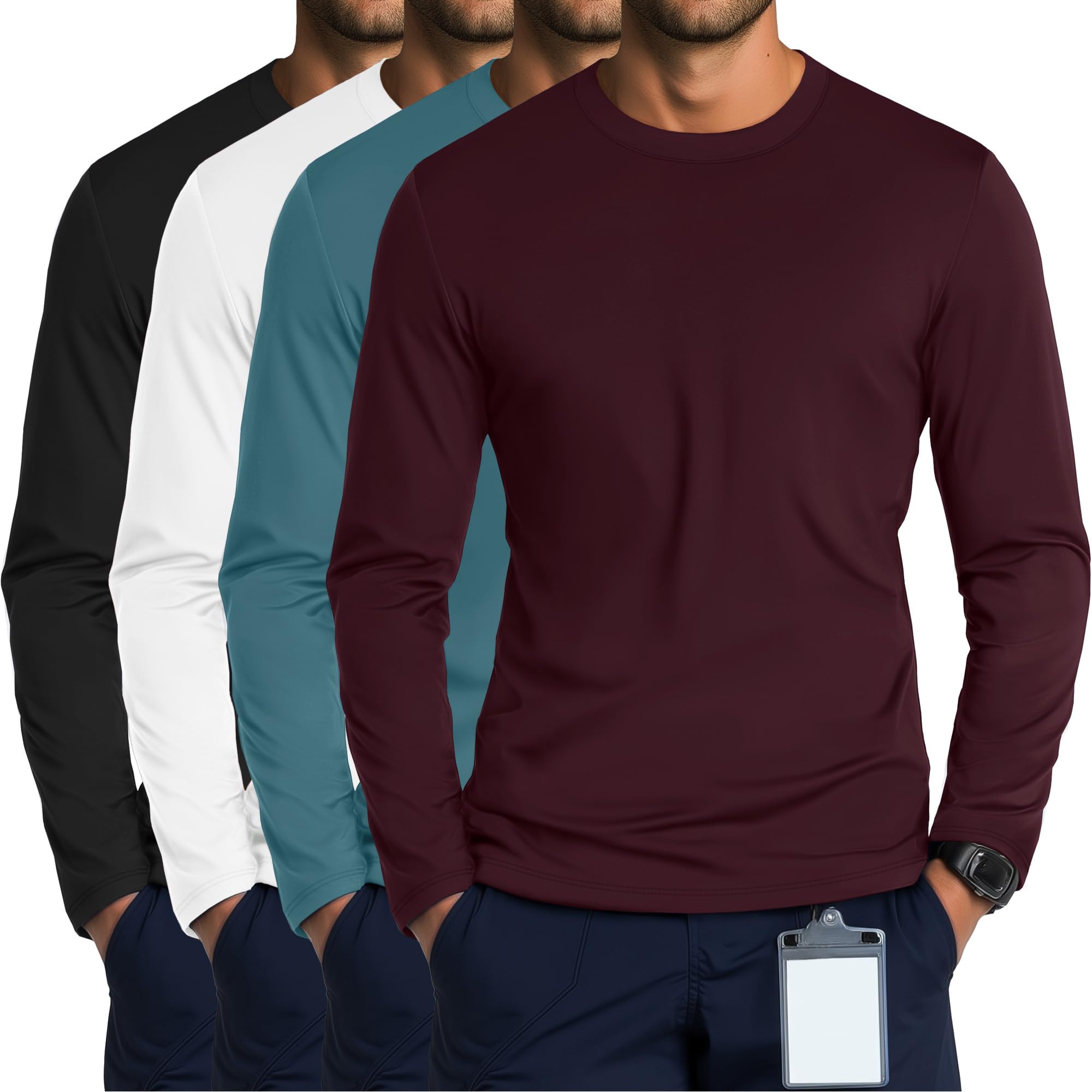 August Alley 4 Pack Men's Long Sleeve Crewneck Underscrub Tees