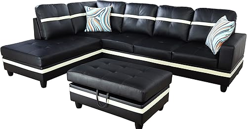 Miniatura 27 de Sofá modular contemporáneo con diván y otomana de almacenamiento, 3 piezas en forma de L, tapicería de piel sintética, cojines de espuma Jengibre