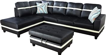 3-Piece Contemporary Sectional Sofa with Chaise and Storage Ottoman | Living Room Furniture | Faux Leather Upholstery | High-Density Memory Foam Cushions | Toss Pillows Included Black Left Facing