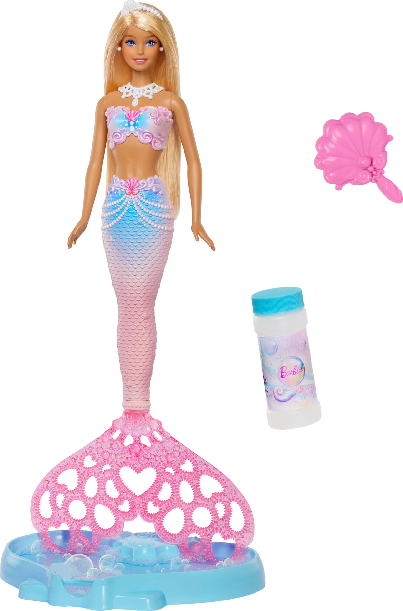 Barbie Sirène Scintillante à Bulles Poupée à Longue Chevelure Blonde aux mèches colorées avec Fonction pour Faire des Bulles, Plateau et Brosse à Cheveux, JLW56
