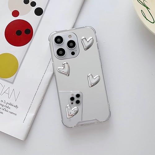 Miniatura 6 de Shinymore Funda para iPhone 15 Pro Max, flexible, lindo corazón, silicona suave, transparente, espejo de maquillaje, para mujeres y niñas, a prueba