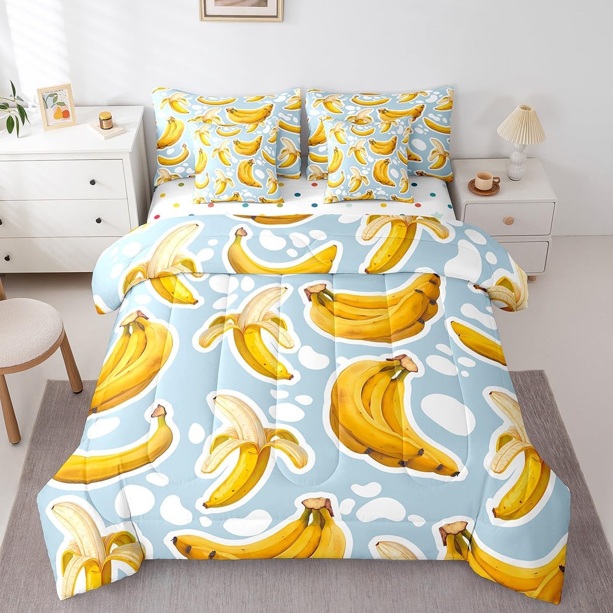 Erosebridal 3D Banana Twin Comforter Set 7 Piece,Yellow Banana Bed in A Bag with Sheets for Kids Adults Summer Tropical Fruit Bedding Set Reversible Bed Set with Comforter,Pillow Covers