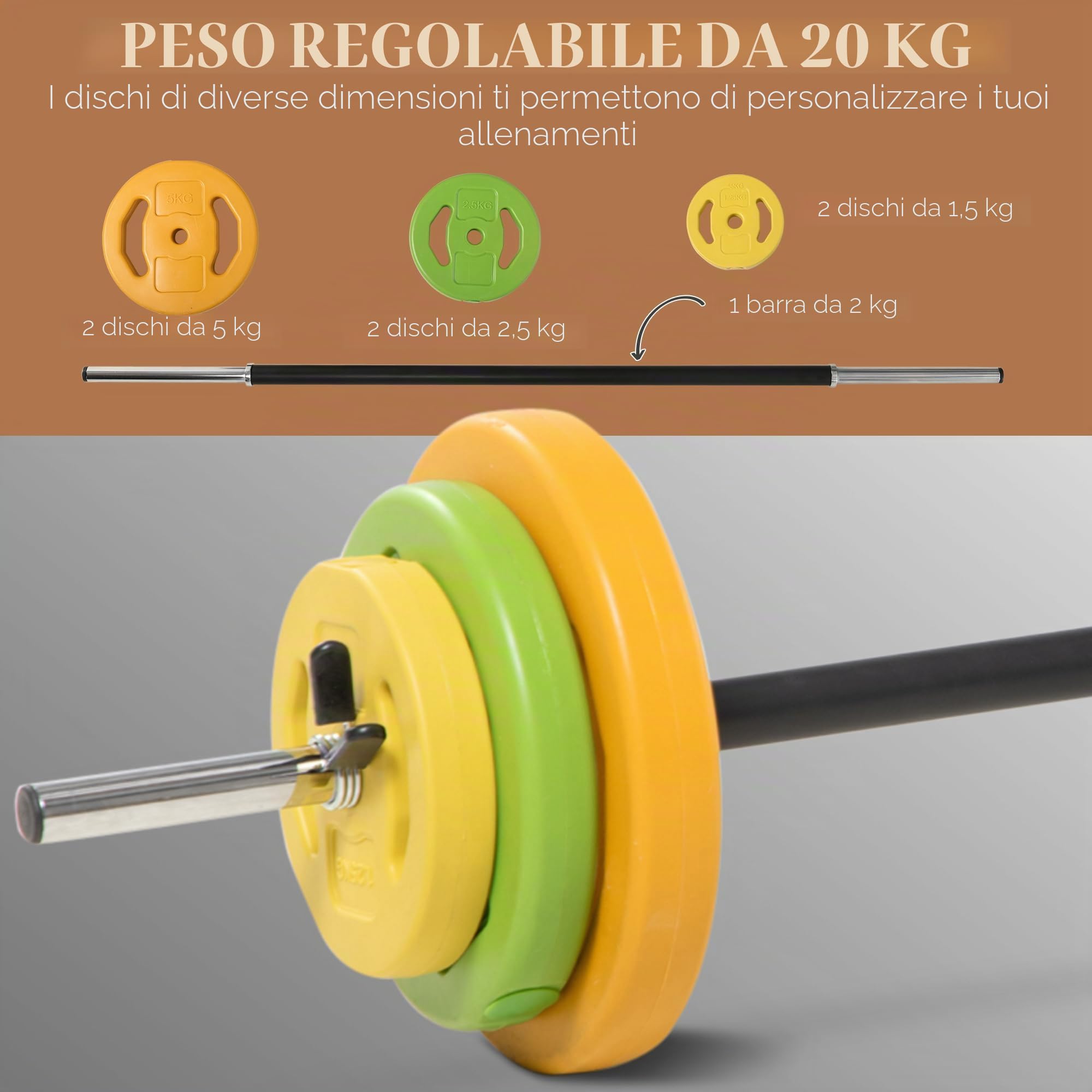 HOMCOM Set di Bilanciere e Dischi da 20 kg totali con 6 Pesi e 2 Clip di Fissaggio, Bilanciere Palestra Regolabile Antiscivolo in Metallo, PU e Sabbia, Barra Ø25 mm, 130x28x28 cm, Multicolore
