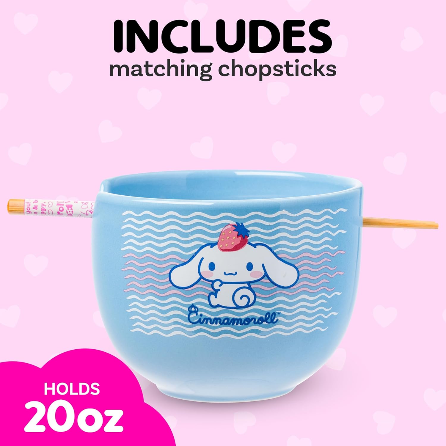 Silver Buffalo Hello Kitty and Friends Cinnamoroll Strawberry Ceramic Ramen Noodle Rice Bowl with Chopsticks, Microwave Safe, 20 Ounces - Image 2