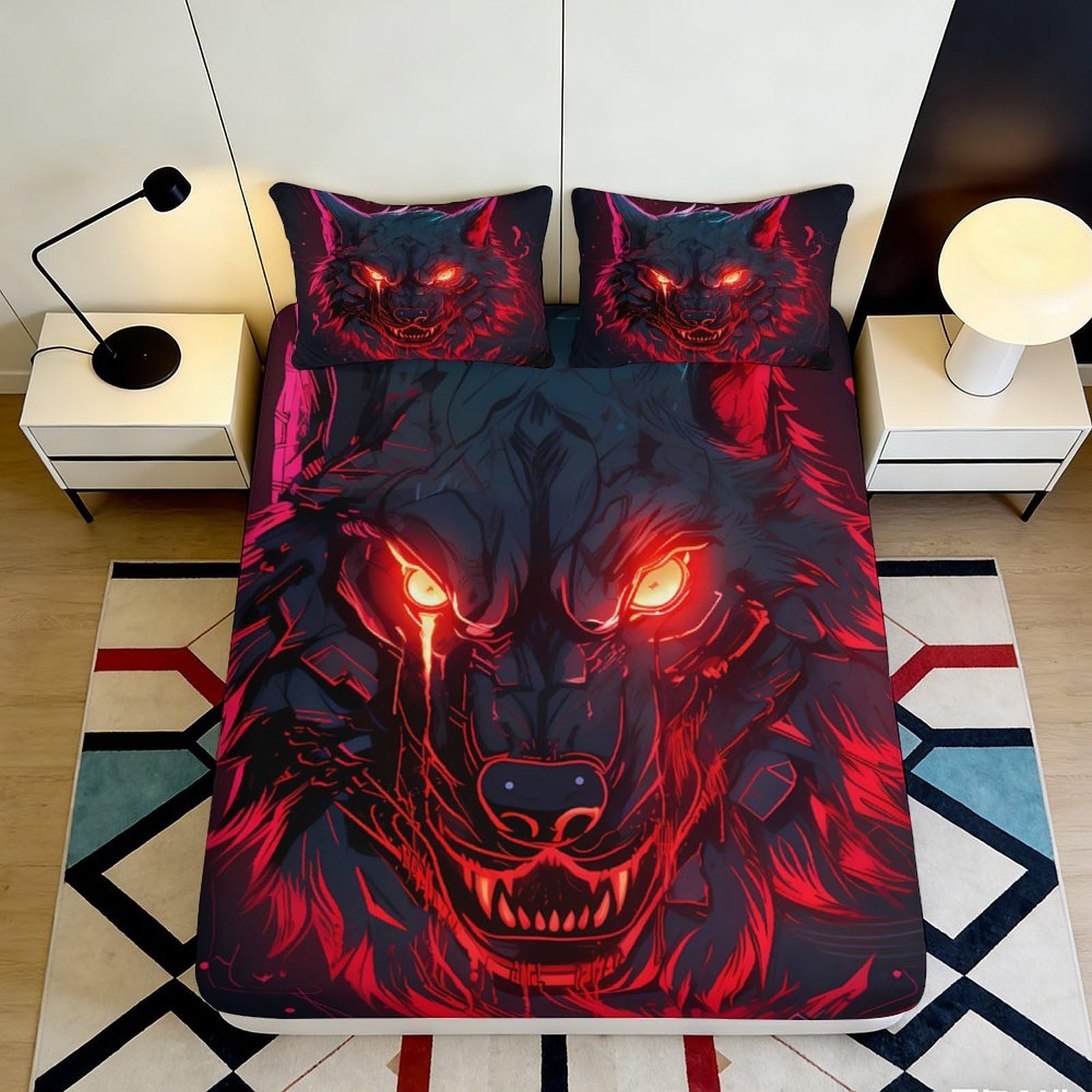 3D Printed Fiery Wolf Fitted Sheet Microfiber Soft Breathable Dark Beast Bed Cover for Bedroom Guest Room Decor 120x200x25cm