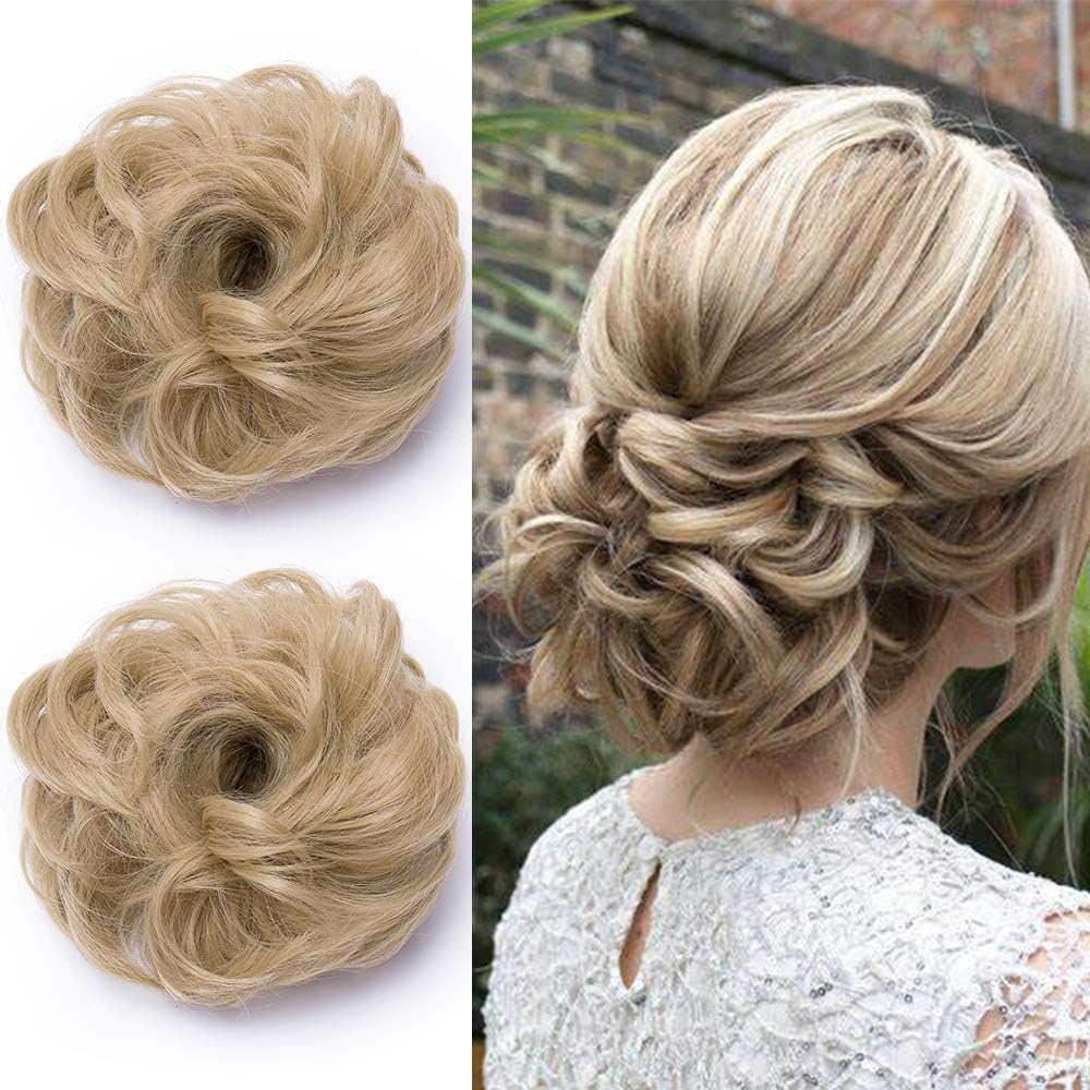 2 Packs Scrunchy Scrunchie Bun Up Do Hairpiece -Ash blond Messy Hair Ribbon Ponytail Extensions, thick 2Pcs