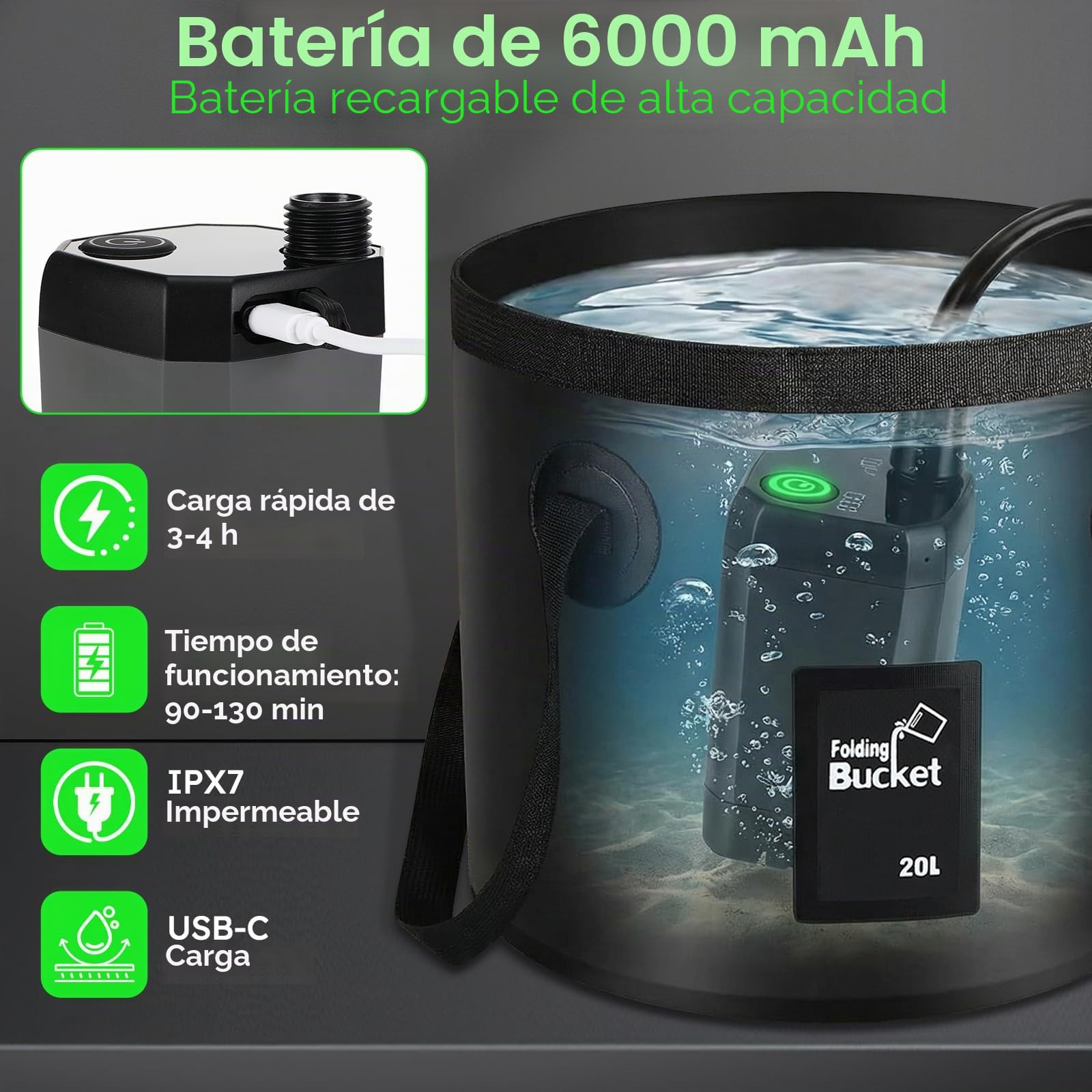 Mkitnvy Ducha Portátil Camping con Cubo Plegable 20L, 6000mAh Recargable Ducha Camper con Pantalla de Temperatura y Batería, Bomba Eléctrica IPX7 para Acampar, Jardín, Lavado de Coches, Mascotas