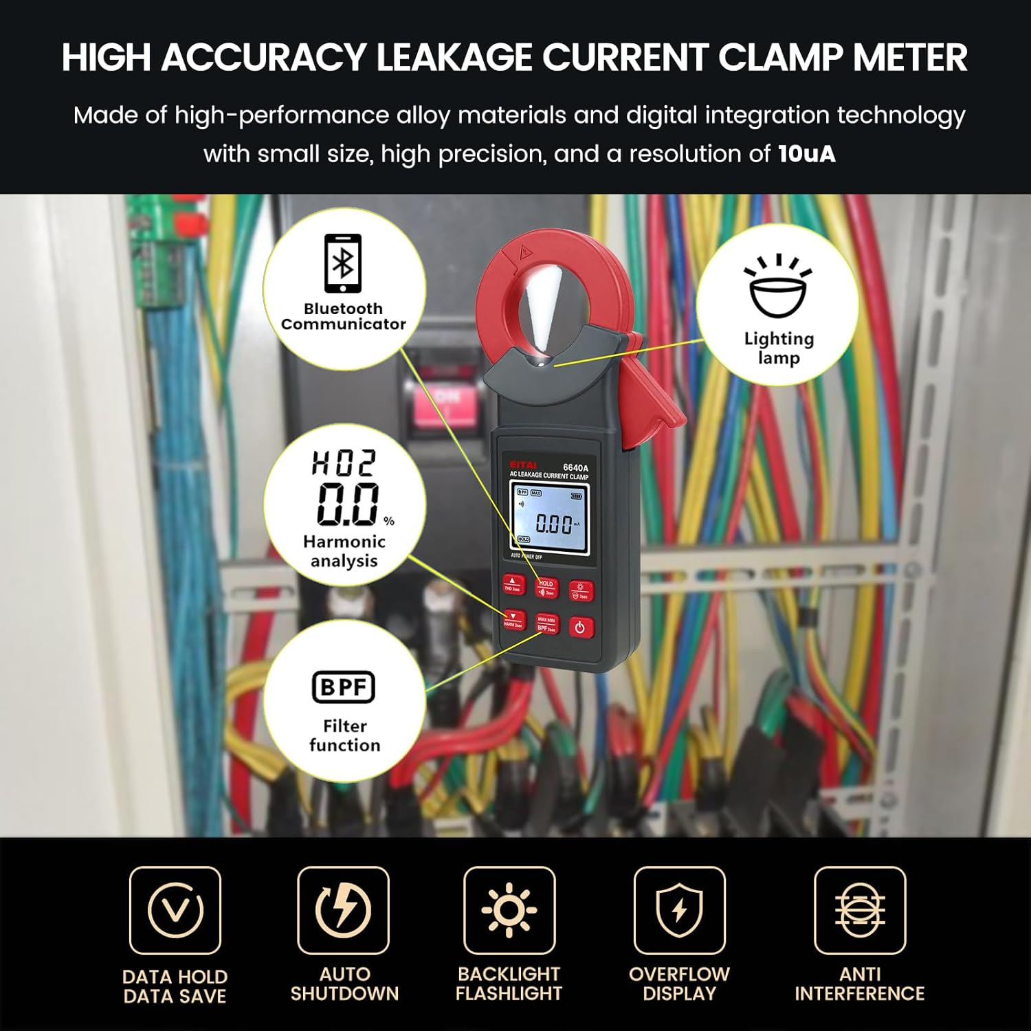 EITAI6640A Bluetooth Leakage Low Current Clamp Meter, 10uA Resolution, 0.00mA-300A, Φ1.6inch/40mm, Manufacturer Direct Sales, True RMS, Harmonic Analysis, Filter, Flashlight, Backlight