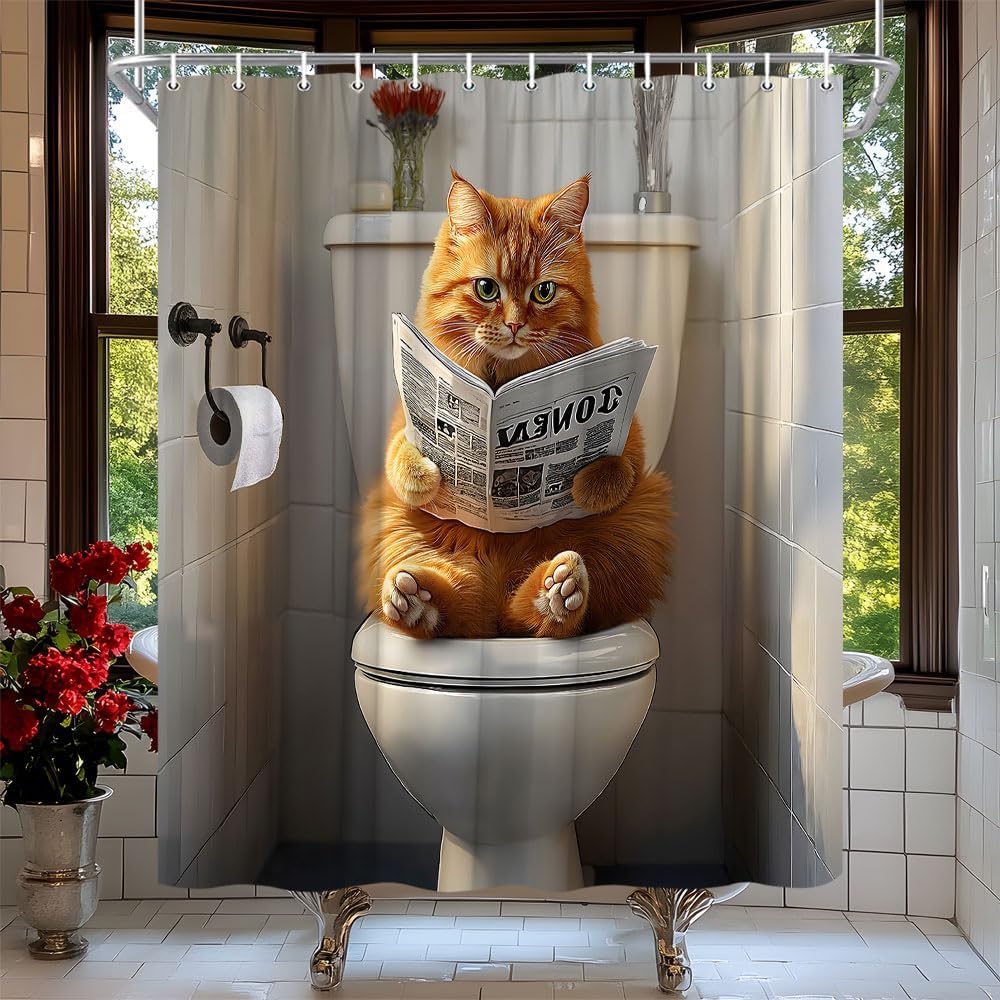 Funny Cat Shower Curtain Orange Cat on Toilet Reading Newspaper Lovely Kitten Cute Pet Bath Curtain Fabric Bathroom Accessories Decor with Hooks 70W x90L