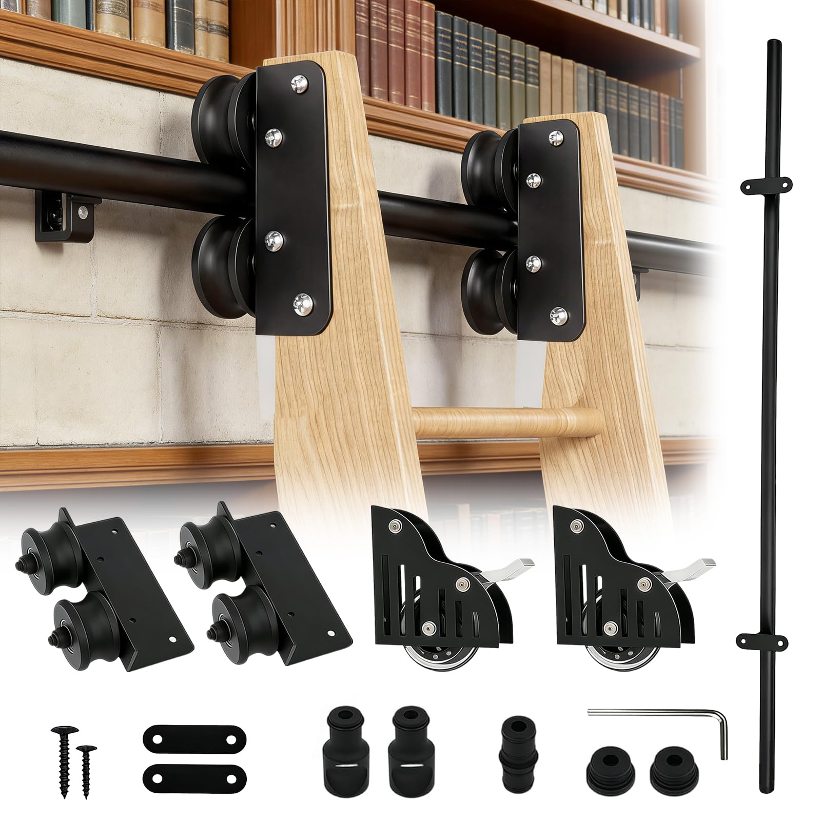 Photo 1 of 12FT Sliding Library Ladder Hardware, Steel Material Rolling Ladder Hardware, Max Load 300lb Sliding Kit with Brake Caster for Library, Home Office, Not a Ladder
