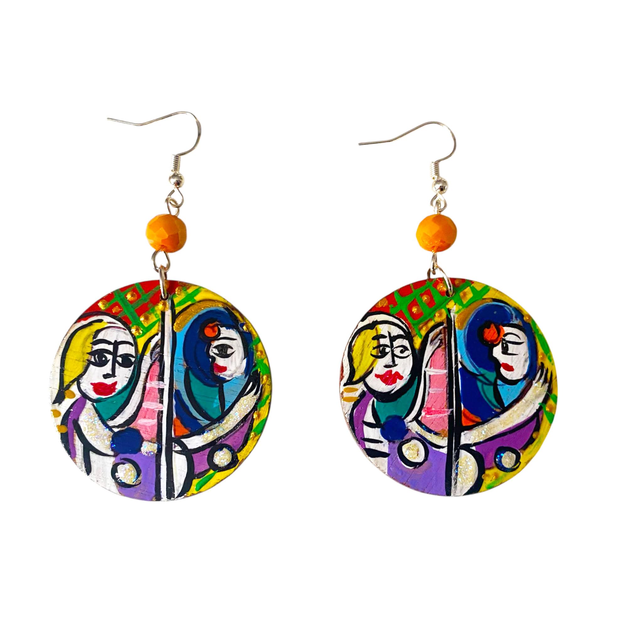 Boucles d'oreilles peintes à la main - LA FILLE AU MIROIR PAR PICASSO - Boucles d'oreilles pour femmes, Bijoux en bois peint, Crochet en argent, Made in Italy, Bijoux, Artisanat