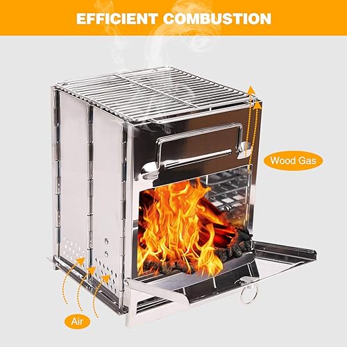 Miniatura 6 de Estufa de leña plegable portátil grande para cocinar al aire libre, resistente y ligera estufa de campamento de leña de acero inoxidable 304 con