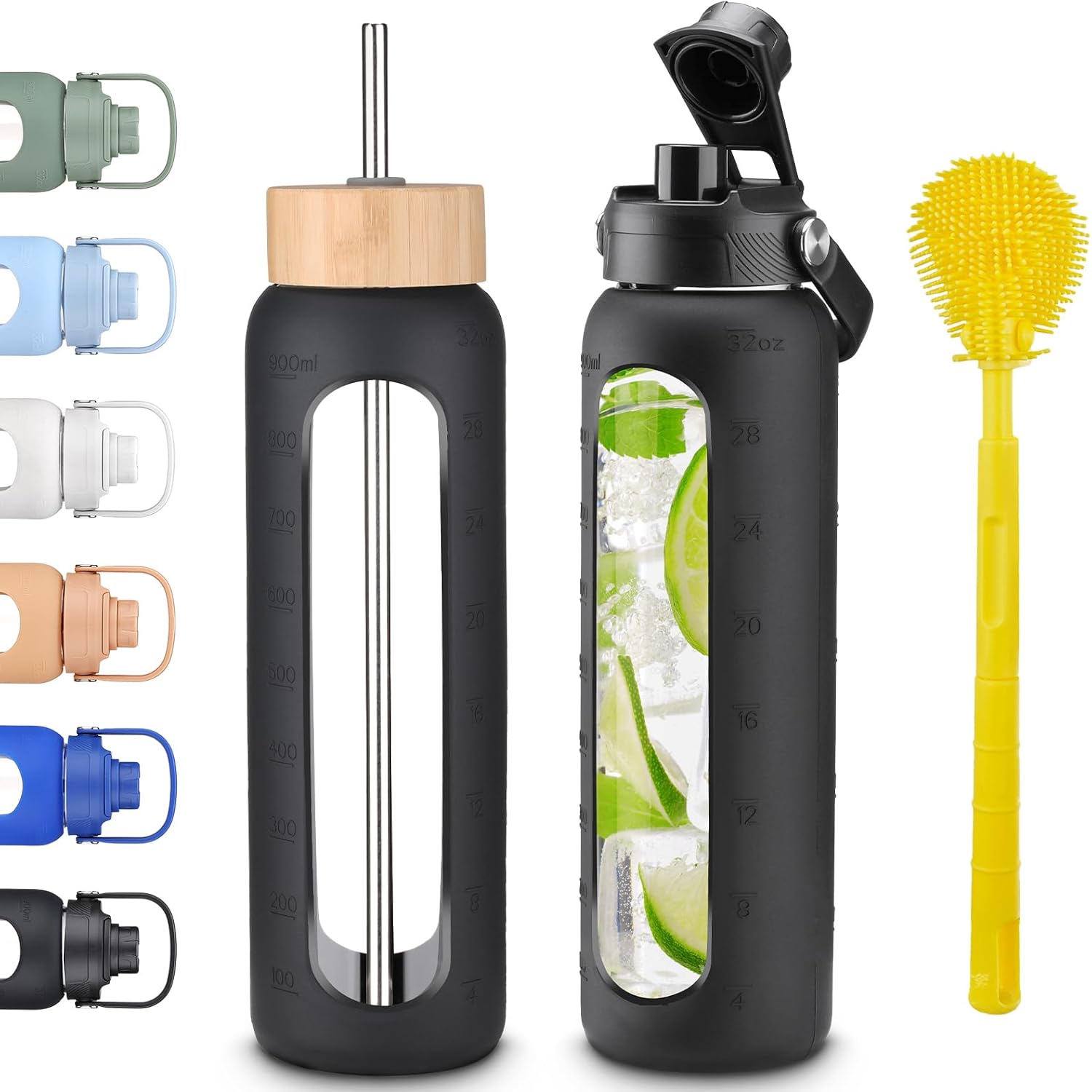 32 oz Glass Water Bottles With Two Lids Bamboo Straw Lid and Handle Spout Lid-1 Liter Glass Tumbler with Silicone Sleeve and Straw Leakproof BPA Free For Home Office Gym