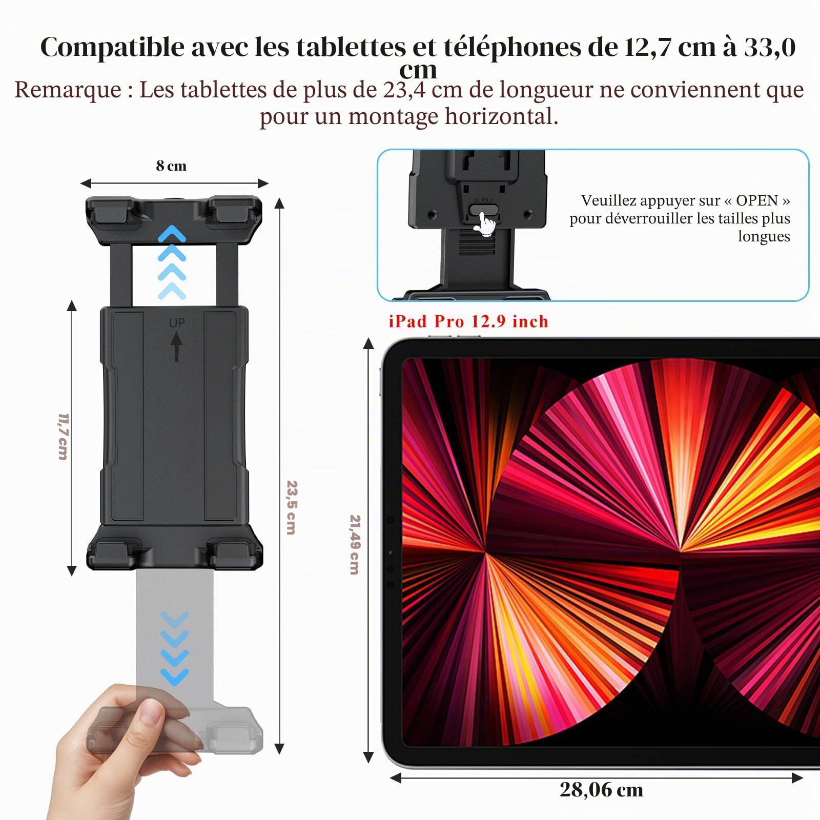 OHLPRO Support Tablette Voiture Tableau de Bord, Porte iPad Ventouse pour sur Pare-Brise Compatible avec 5" - 13" iPad Pro Mini Air iPhone Galaxy Tab S9 Kindle Switch avec Bras Télescopique Réglable