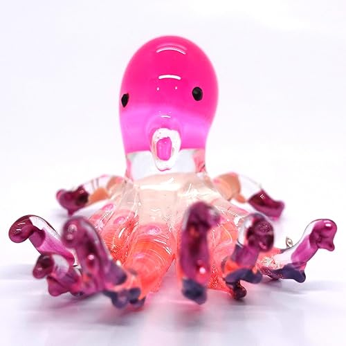 Pulpo diminutas figuras artísticas de vidrio soplado a mano en miniatura de animales marinos, regalo coleccionable para decorar (blanco y rosa)