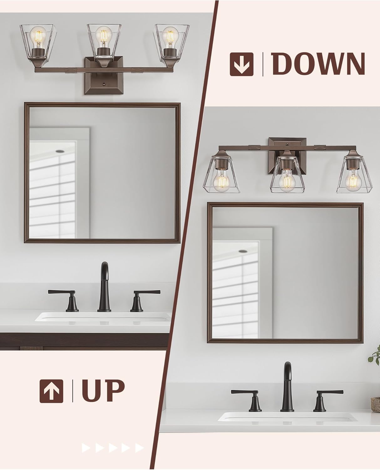 Farmhouse Bathroom Light Fixtures, HWH 3-Light Vanity Light Fixture Over Mirror, Industrial Wall Sconce Lighting with Square Bell Glass Shade, Oil-Rubbed Bronze Finish, 5HY68B-3W ORB