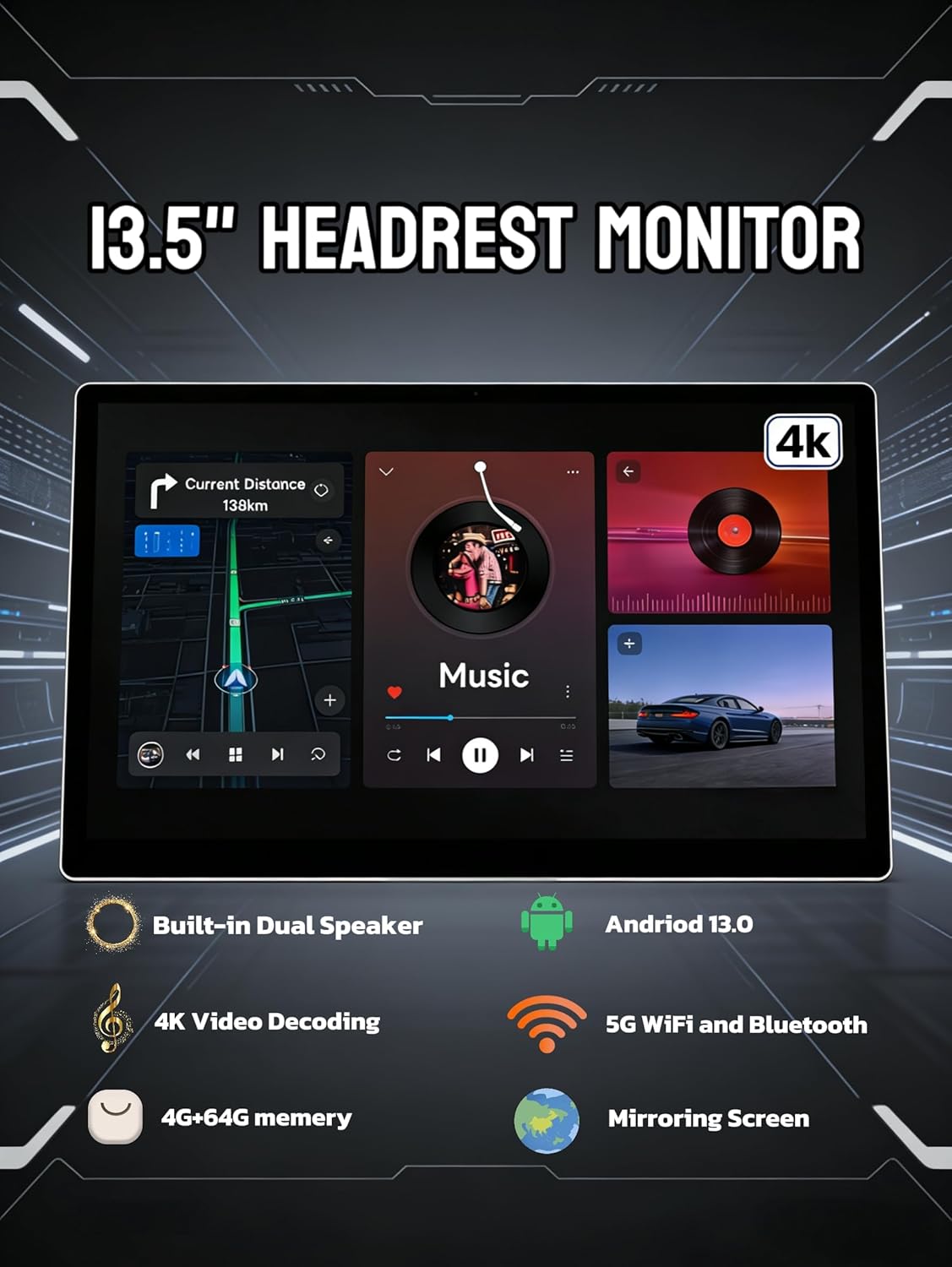 13.5" Car TV Headrest Monitor for Back Seat Rear Entertainment System Upgraded Wireless Phone Mirroring Function with Android 13 HDMI Bluetooth WiFi 4K Video Player(4G+64G(1*Pack))