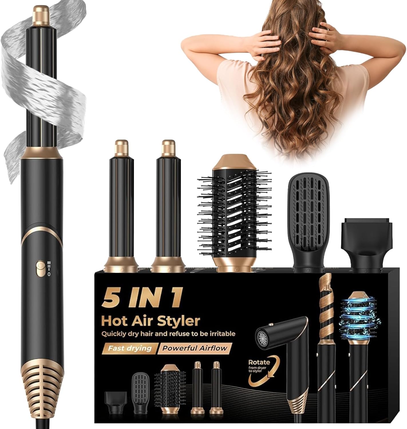 Airstyler 5-in-1 ionen-krulföhn voor krullen, volume, glad maken en drogen, föhnborstelset met airflow-krultang, automatisch, 5-in-1 haarstyler, haarstyler, ionen, haardrogerset