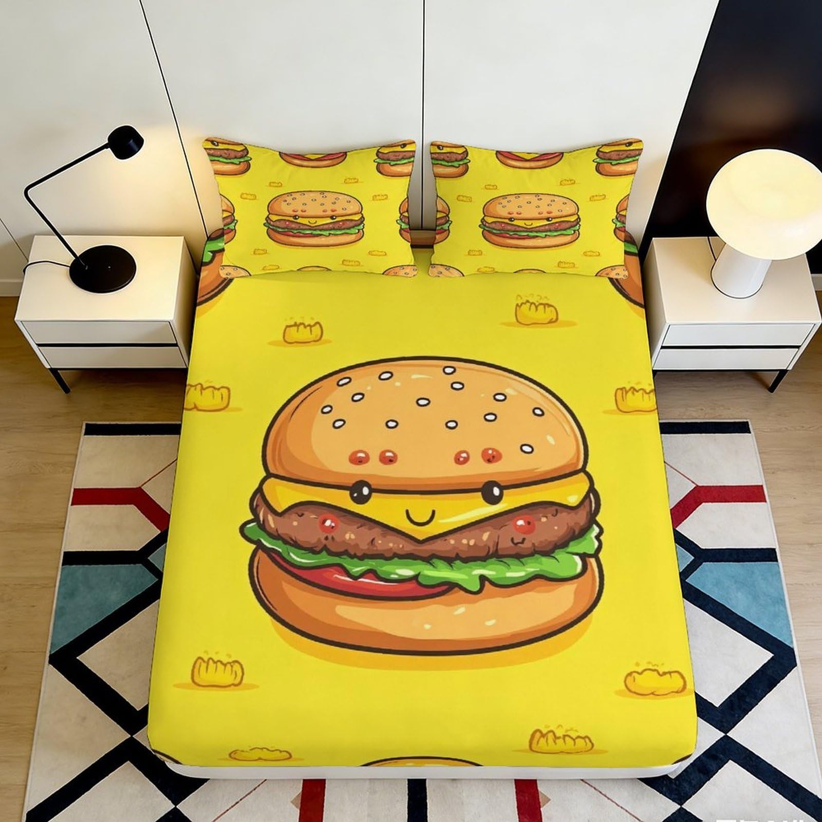 Jqzkxnhpbr Style-7 3D Printed Cartoon Burger Fitted Sheet Microfiber Soft Yellow Hamburger Bed Sheet For Bedroom Guestroom Decor 90X200x25cm