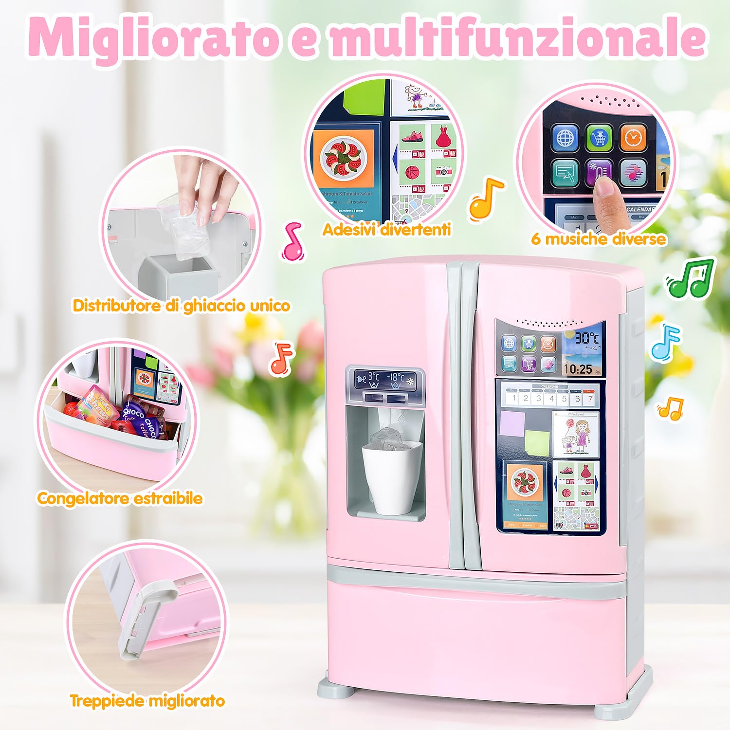 PLAY Set di accessori da cucina per bambini, frigorifero con dispenser di ghiaccio, set di accessori da cucina con frigorifero per bambini, giocattolo alimentare, cubetti di ghiaccio, utensili da