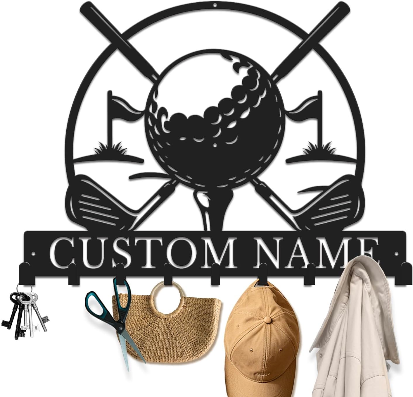 Personalized Golf Name Key Holder, Metal Hook Wall Storage Rack,Style-5
