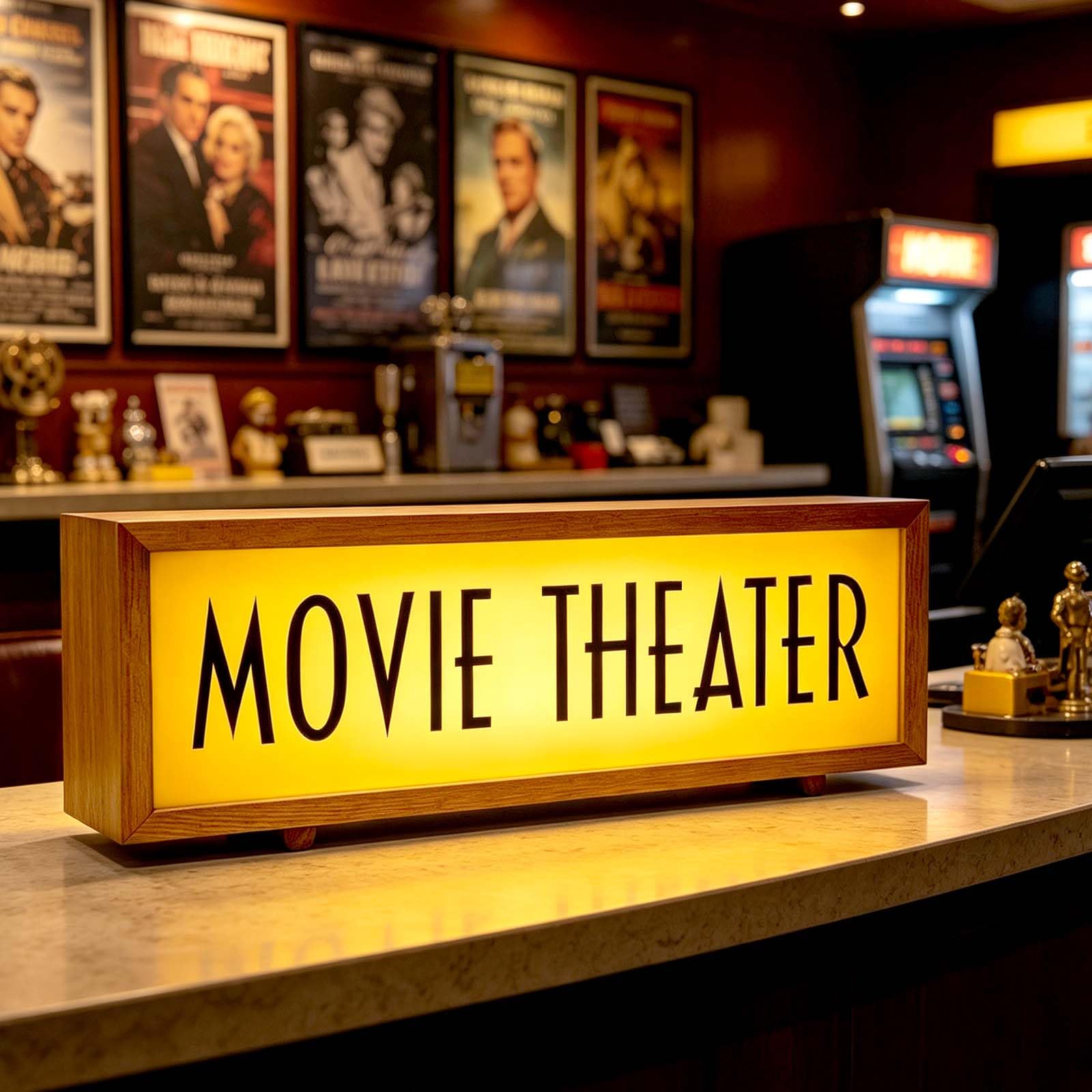 shulovehua Movie Theater Sign LED Lightbox USB Powered RGB Dimmable Neon Light with Remote Control Retro Wood Frame Pulsing Modes Illuminated Sign for Media Room Movie Night Man Cave Wall Art Decor